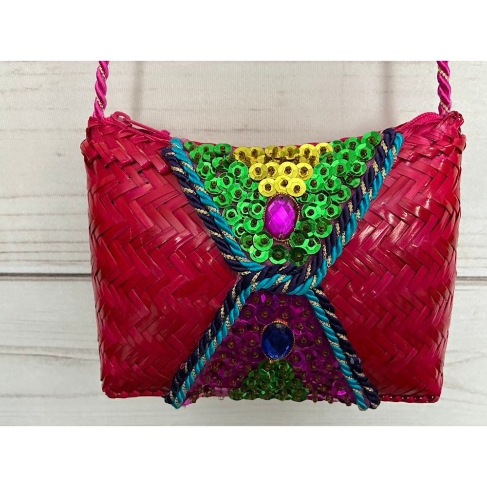 Pink Woven Straw Crossbody Bag Sequin Rhinestone Embellished Boho Wicker Purse